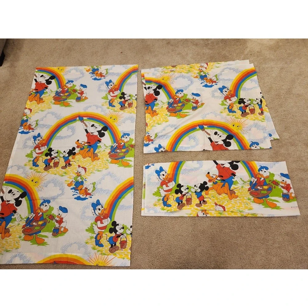 Vtg Disney Set Of 4 Curtains Fabric Rainbow Clouds Donald Mickey Mouse #P290